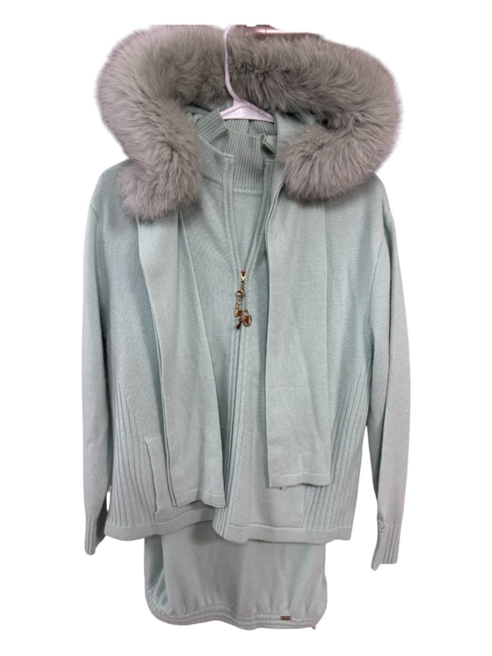 St John Cashmere Fox Fur Removable Hooded Knit Pantsuit Pale Mint Sz L Like New